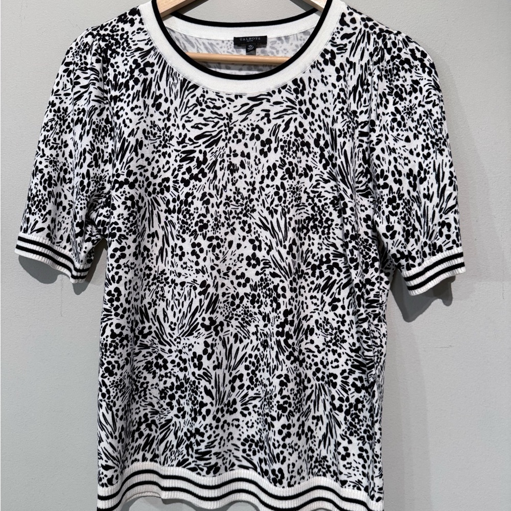 Talbots Short Sleeve Pull-Over Black/Ivory Top Sweater Women Mp Soft Office work